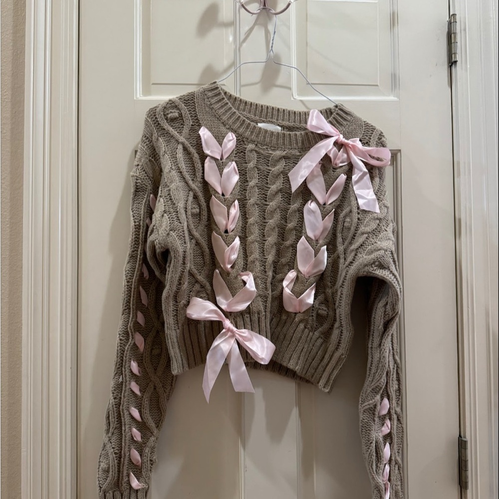 Lena Cozy Tan and Pink Crew Neck Sweater with Bows